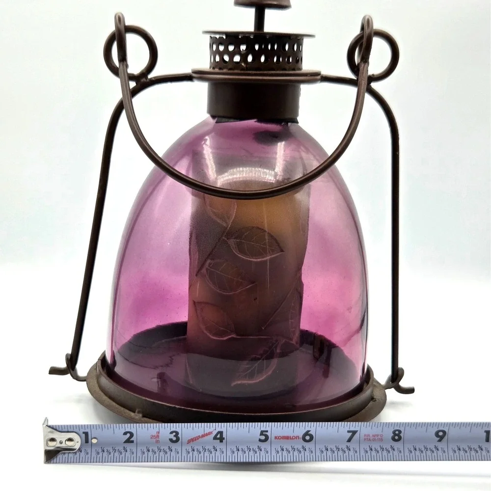 Salvage‎ Purple Rustic Hanging Candle Lantern Glass Barn Farmhouse Made in India